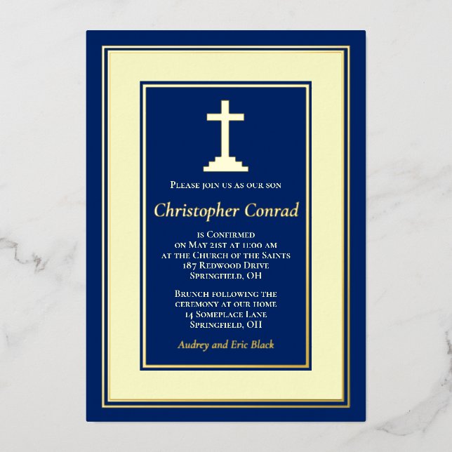 Invitation En Aluminium Confirmation Catholique Navy Real Gold Foil (Recto)
