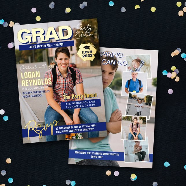 Invitation En Aluminium Cool Blue Gold Photos Magazine Couverture Graduati (Créateur téléchargé)