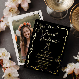 Invitation En Aluminium Coquette dorée rubans illustrations Sweet 16