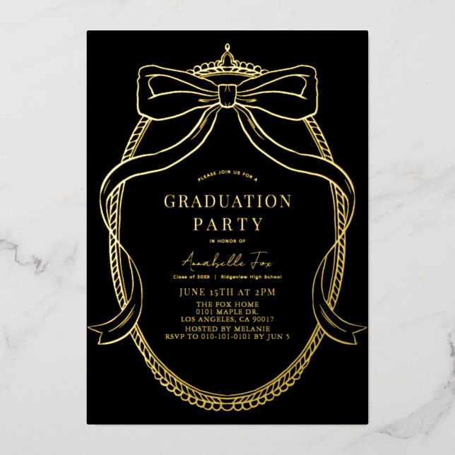 Invitation En Aluminium Coquette Gold Bow Ribbon Black Graduation Party (Recto)