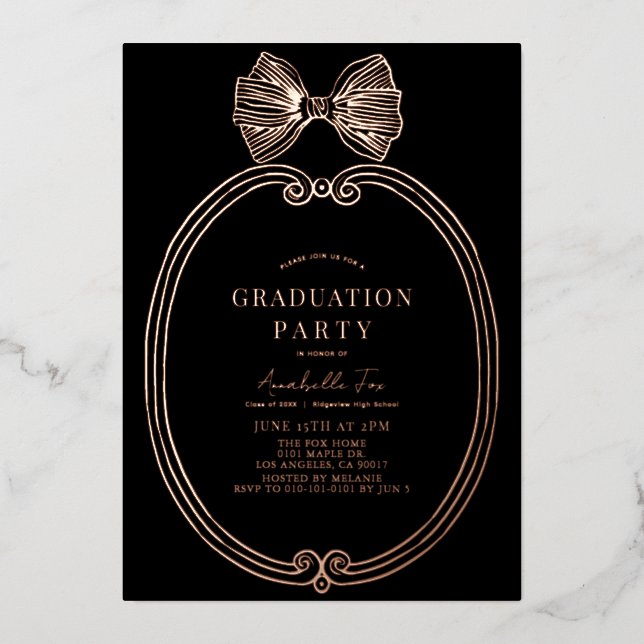 Invitation En Aluminium Coquette Gold Bow/Ribbon Black Graduation Party (Recto)
