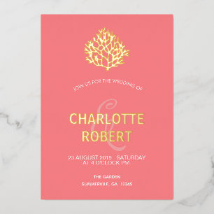 Invitation En Aluminium Coral rose Reef moderne minimal Plage Mariage Or
