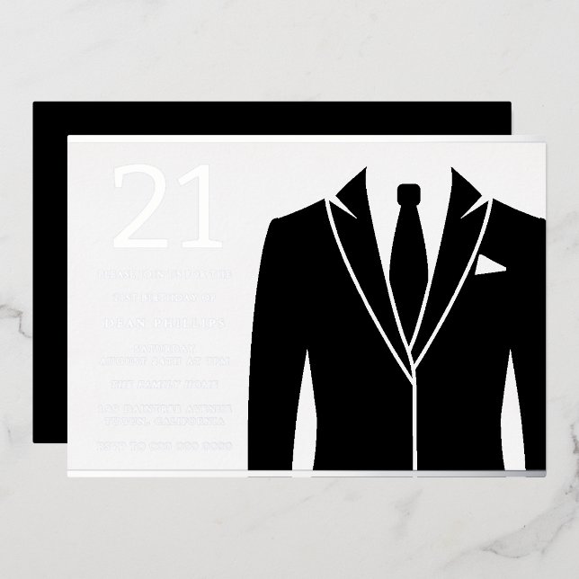 Invitation En Aluminium Costume noir & cravate fête d'anniversaire 21 ans  (Recto/Verso)