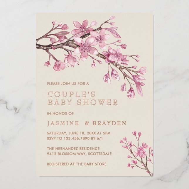Invitation En Aluminium Couples Baby shower Floral Rose Rose Or (Recto)
