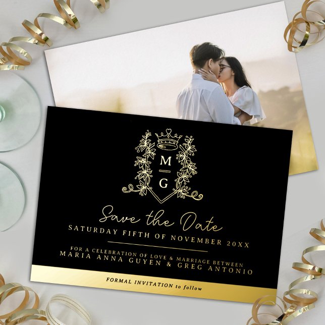 Invitation En Aluminium Couronne crête noir or photo mariage enregistrer l (Créateur téléchargé)