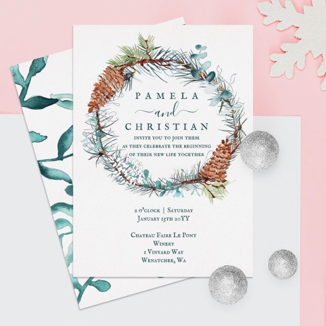 Invitation En Aluminium Couronne de cônes de pin verts, bruns et argentés, (winter green eucalyptus leaves wedding invitation with silver foil pinecone rustic brown green)