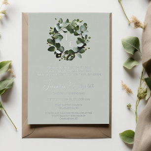 Invitation En Aluminium Couronne de eucalyptus en vert sauge Monogram mode