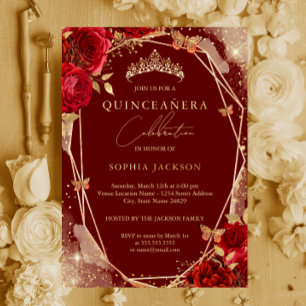 Invitation En Aluminium Couronne de Fête Rose Florale Or Rose Quinceanera