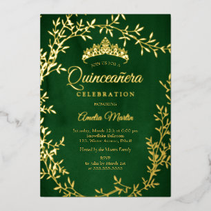 Invitation En Aluminium Couronne de feuilles élégantes émeraude et or pour