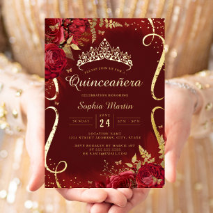 Invitation En Aluminium Couronne de fleurs en or rouge pour Quinceanera
