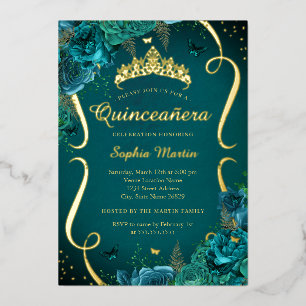 Invitation En Aluminium Couronne de fleurs rose sarcelle papillon Quincean
