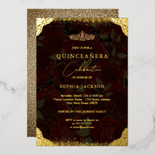 Invitation En Aluminium Couronne de Rose en Or Rouge Quinceanera