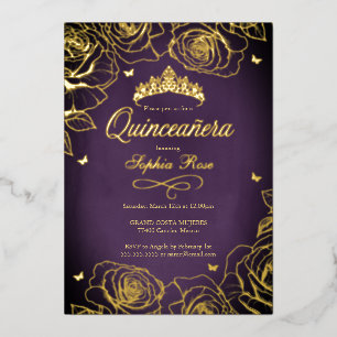 Invitation En Aluminium Couronne de roses thème Purple Gold Quinceanera