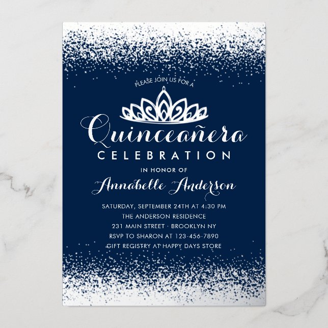 Invitation En Aluminium Couronne de Tiare Royale Bleu Quinceañera Paillett (Recto)