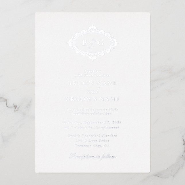 Invitation En Aluminium Couronne de vélin d'argent véritable élégante Mono (Recto)