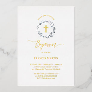 Invitation En Aluminium couronne de verdure bleu poussiéreux Baptême argen