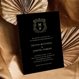 Invitation En Aluminium Couronne dorée noire Mariage élégant