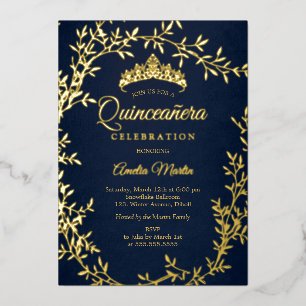Invitation En Aluminium Couronne Élégante de Navy avec Feuille d'Or pour Q