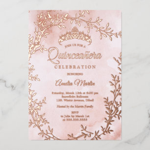 Invitation En Aluminium Couronne élégante en feuilles d'or rose pour Quinc