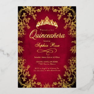 Invitation En Aluminium Couronne Fleurale Quinceanera Rouge Royale Or