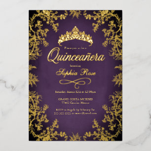 Invitation En Aluminium Couronne Fleurie Quinceanera Or Violet Royal