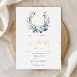 Invitation En Aluminium Couronne florale bleue élégante Croix Garçon Baptê