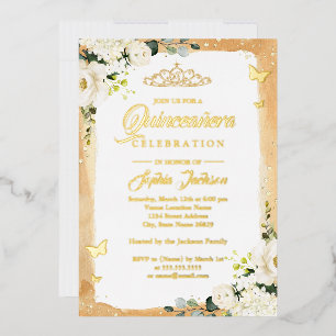 Invitation En Aluminium Couronne florale de Quinceanera en or scintillant 