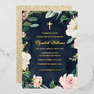 Invitation En Aluminium Couronne florale or rose Navy Fille Baptême