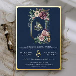Invitation En Aluminium Couronne florale violette sur fond bleu marine pou