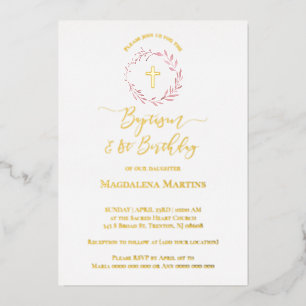 Invitation En Aluminium couronne rose poussiéreuse Baptême et 1er annivers