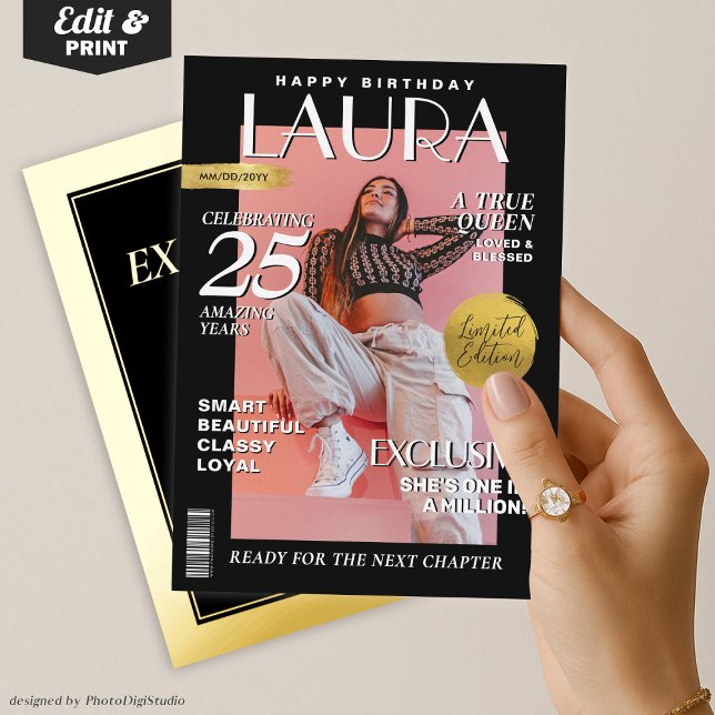 Invitation En Aluminium Couverture, Portrait de la Revue Personnalisée d'A (Modern Birthday Custom Magazine Cover, Portrait Foil Invitation Black and Gold )