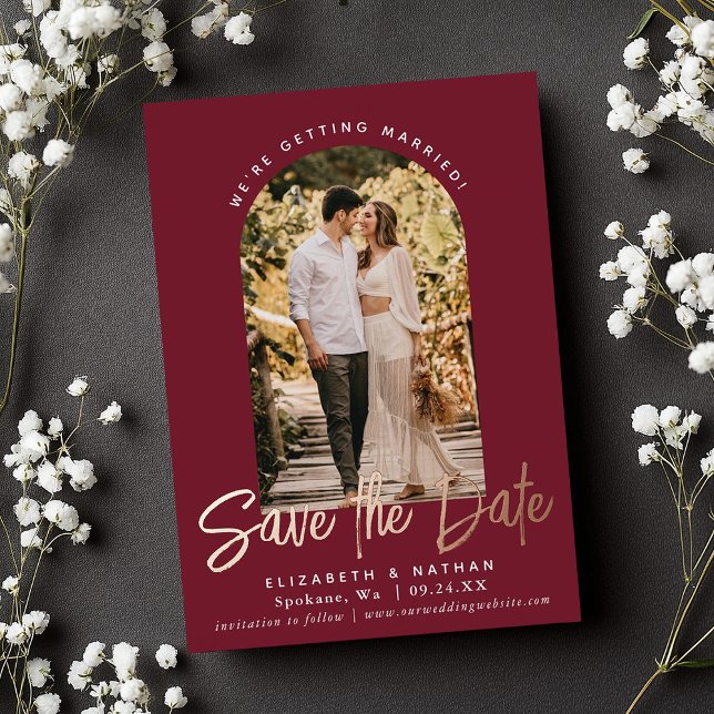 Invitation En Aluminium Cranberry Save the Date Stylish Script Photo (Créateur téléchargé)