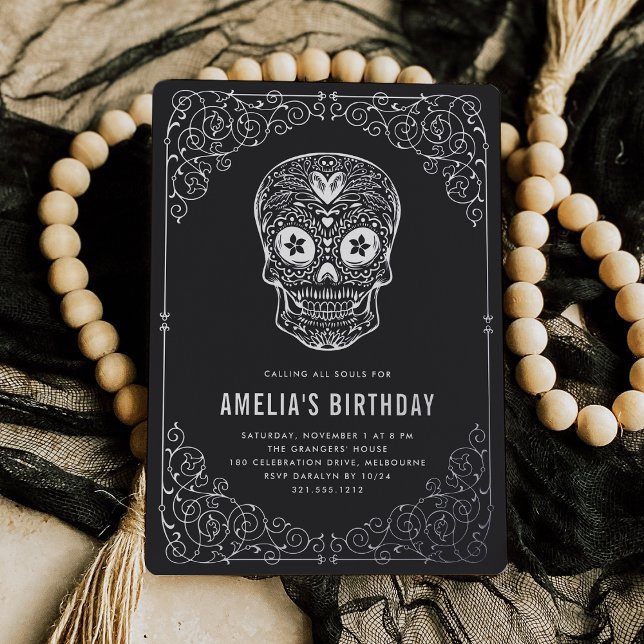 Invitation En Aluminium Crâne d'argent Dia de los Muertos fête d'anniversa (Créateur téléchargé)