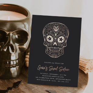 Invitation En Aluminium Crâne Doré Dia de los Muertos Sweet Sixteen