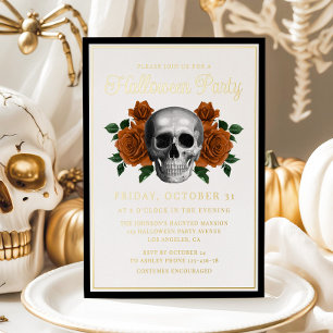 Invitation En Aluminium Crâne Floral Gothique Élégant Halloween Or