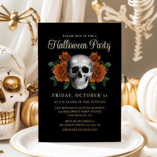 Invitation En Aluminium Crâne Floral Gothique Élégant Halloween Or
