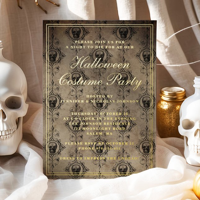 Invitation En Aluminium Crânes gothiques Halloween Costume Party (Gothic Skulls Halloween Costume Party Foil Invitation)