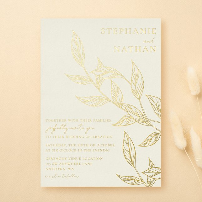 Invitation En Aluminium Crème d'ivoire Feuille simple Mariage or (Créateur téléchargé)