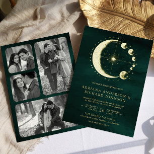 Invitation En Aluminium Croissant de lune de phase émeraude de mariage or