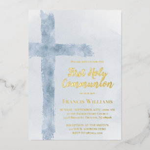 Invitation En Aluminium croix aquarelle bleue Première Sainte Communion