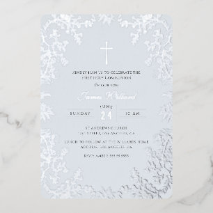 Invitation En Aluminium Croix argentée bleue vintage première communion
