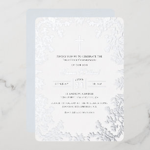 Invitation En Aluminium Croix bleue argentée vintage Première communion