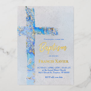 Invitation En Aluminium croix de baptême à l'aquarelle abstraite