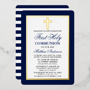 Invitation En Aluminium Croix de Première Sainte Communion Rayures Bleues