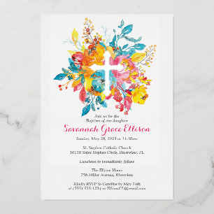 Invitation En Aluminium Croix d'huile d'argent avec des fleurs d'aquarelle