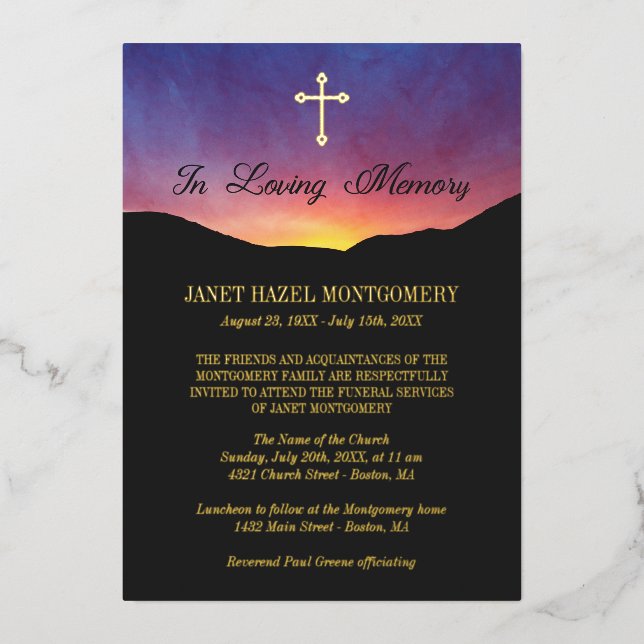 Invitation En Aluminium Croix d'or et lever du soleil - Service funéraire (Recto)