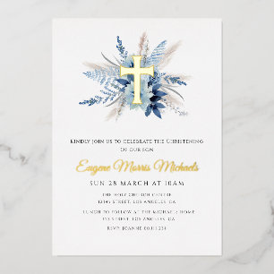Invitation En Aluminium croix d'or moderne bleu christ floral