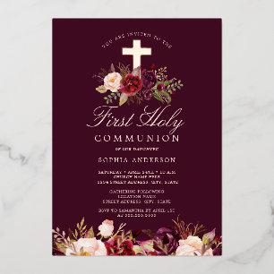 Invitation En Aluminium Croix d'or Rose de Bourgogne Première communion