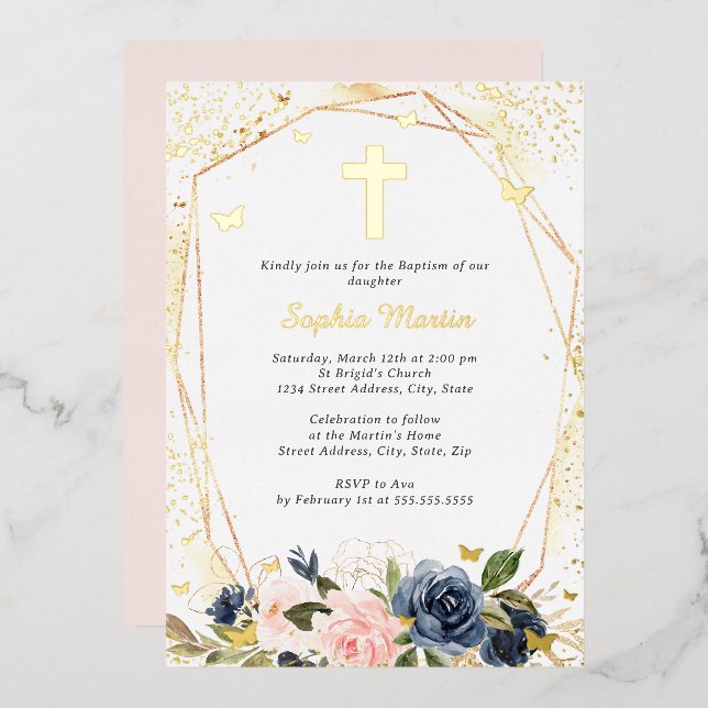 Invitation En Aluminium Croix d'or rose Floral Girl Baptism (Recto/Verso)