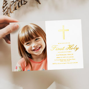 Invitation En Aluminium Croix d'or Sainte première communion Photo Real